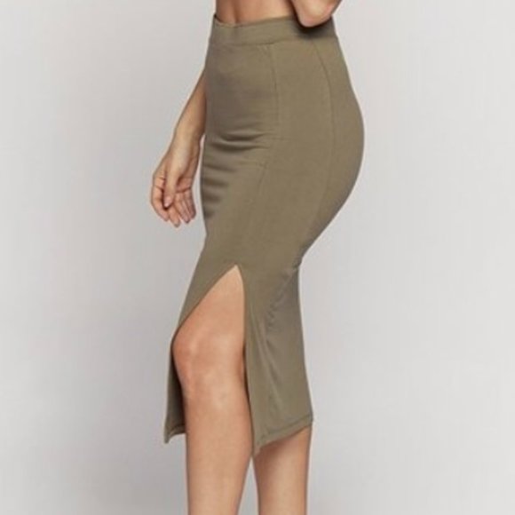 Heart & Hips Olive Fitted Bodycon Knit High Waist Pencil Side Slit Midi Skirt - Picture 4 of 5